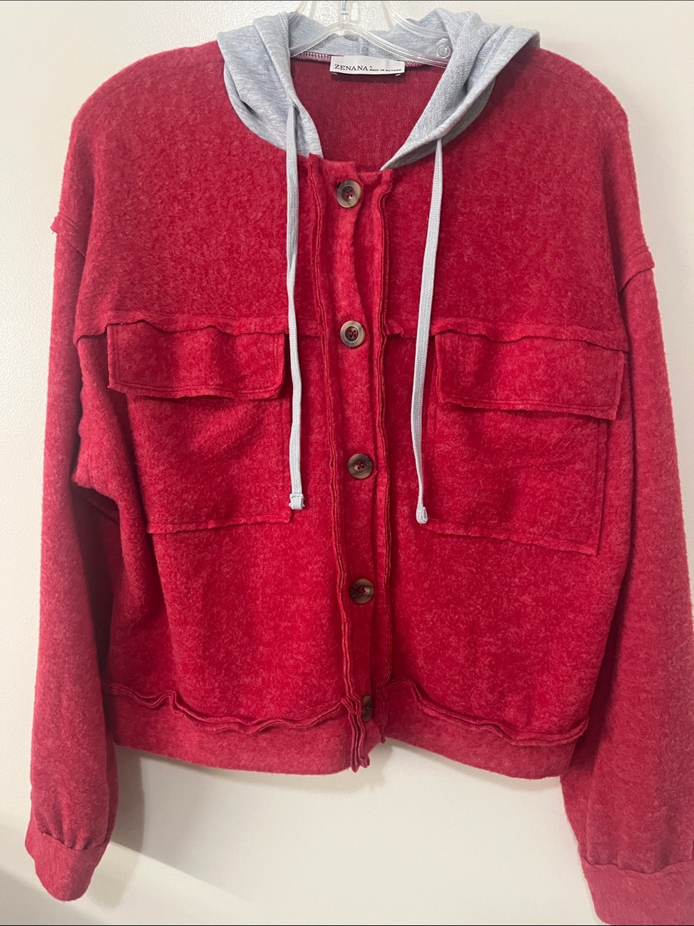 Zenana Brushed Hacci Hooded Button Down Shacket Size Small
